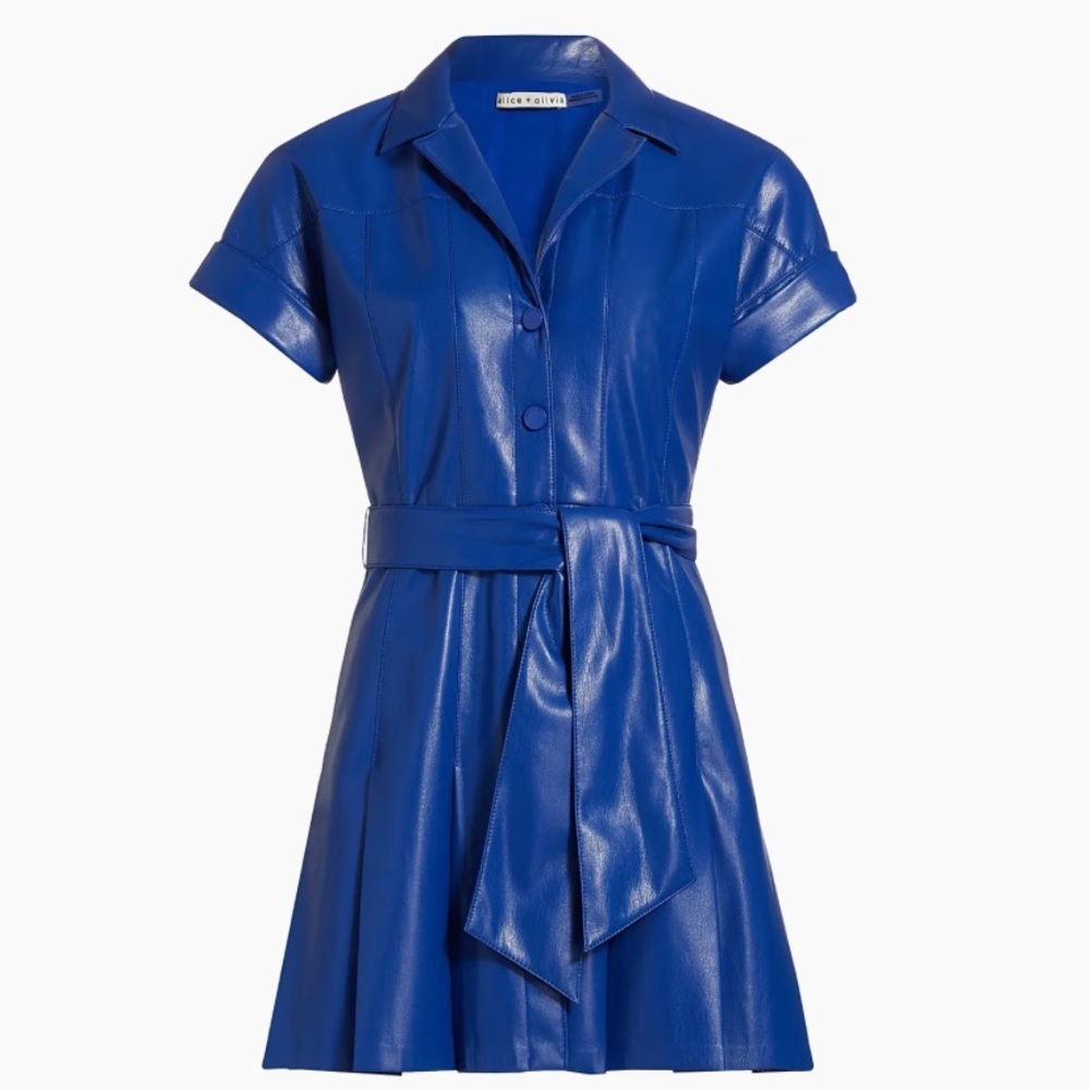 NEW ~ Alice + Olivia Shirley Faux Leather Mini Shirt Dress Blue Vegan ~ 4